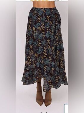 MELLODAY Navy Floral High-Low Tiered Skirt with Teal & Mustard Print